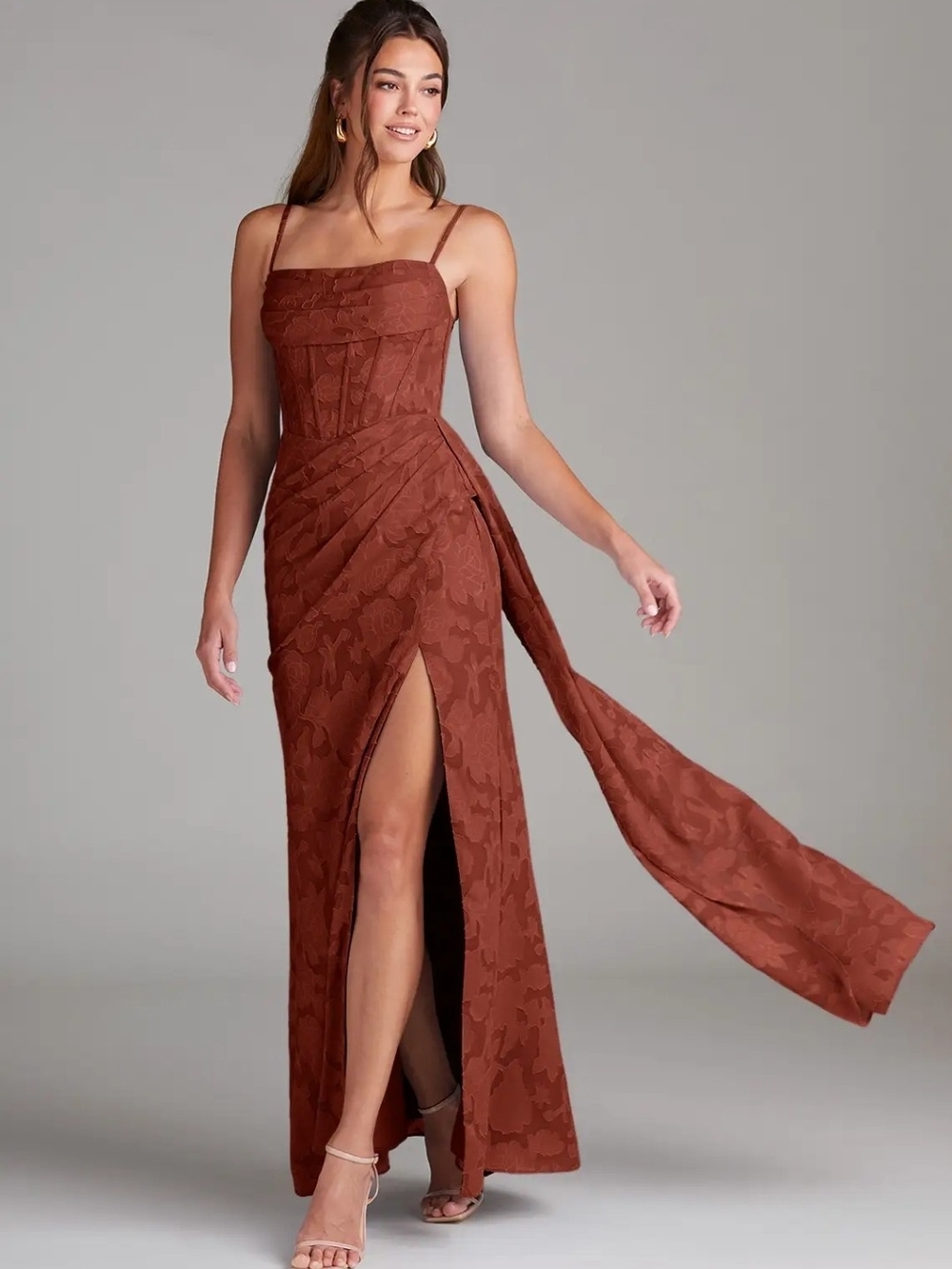 Terracotta Floral Burnout Bridesmaid Dress with Side Drape